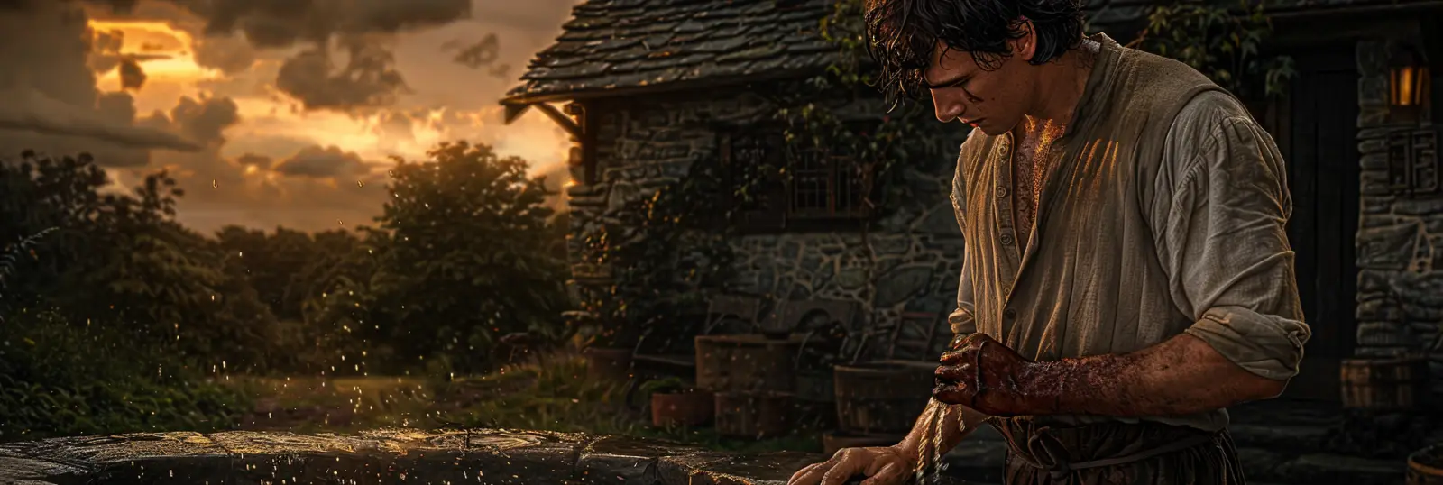 Aron washing his wounded arms at a stone trough at dusk